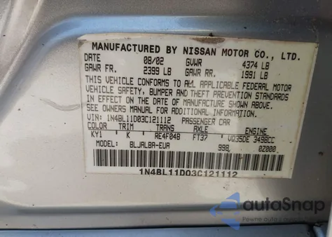 2003 Nissan Altima 3.5 Se z USA, uszkodzony, nr VIN 1N4BL11D03C121112